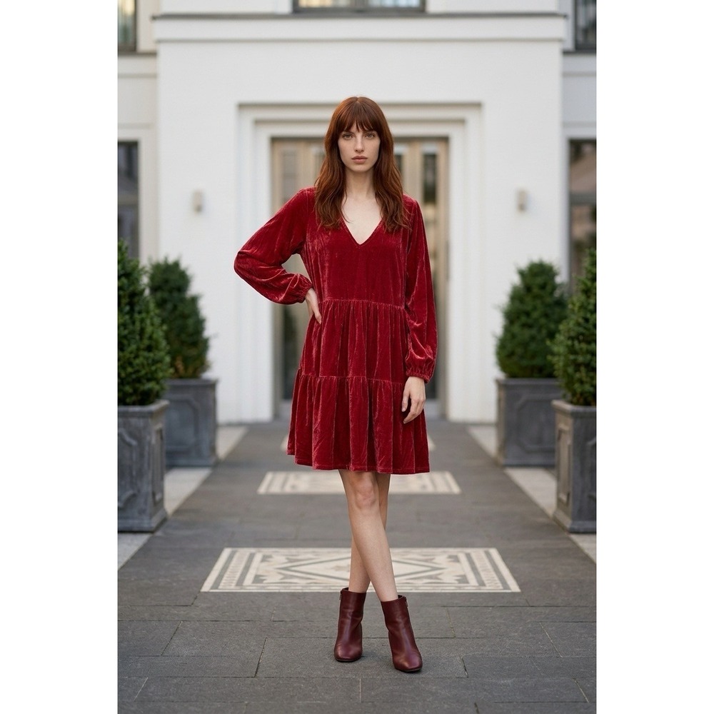 Umgee Velvet Tiered Babydoll Dress Burgundy Wine V-Neck Long Sleeve Mini Medium